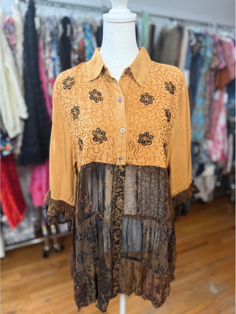 YOUNG THREADS Camel Embroidered Patchwork Button Front Boho Tunic Top NTW XL